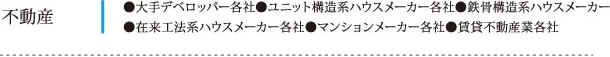 不動産：●大手デベロッパー各社●ユニット構造系ハウスメーカー各社●鉄骨構造系ハウスメーカー●在来工法系ハウスメーカー各社●マンションメーカー各社●賃貸不動産各社